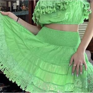 Antica Sartoria 2023 Green Skirt With Lace And Midi Top With Pompom NWT O/S
